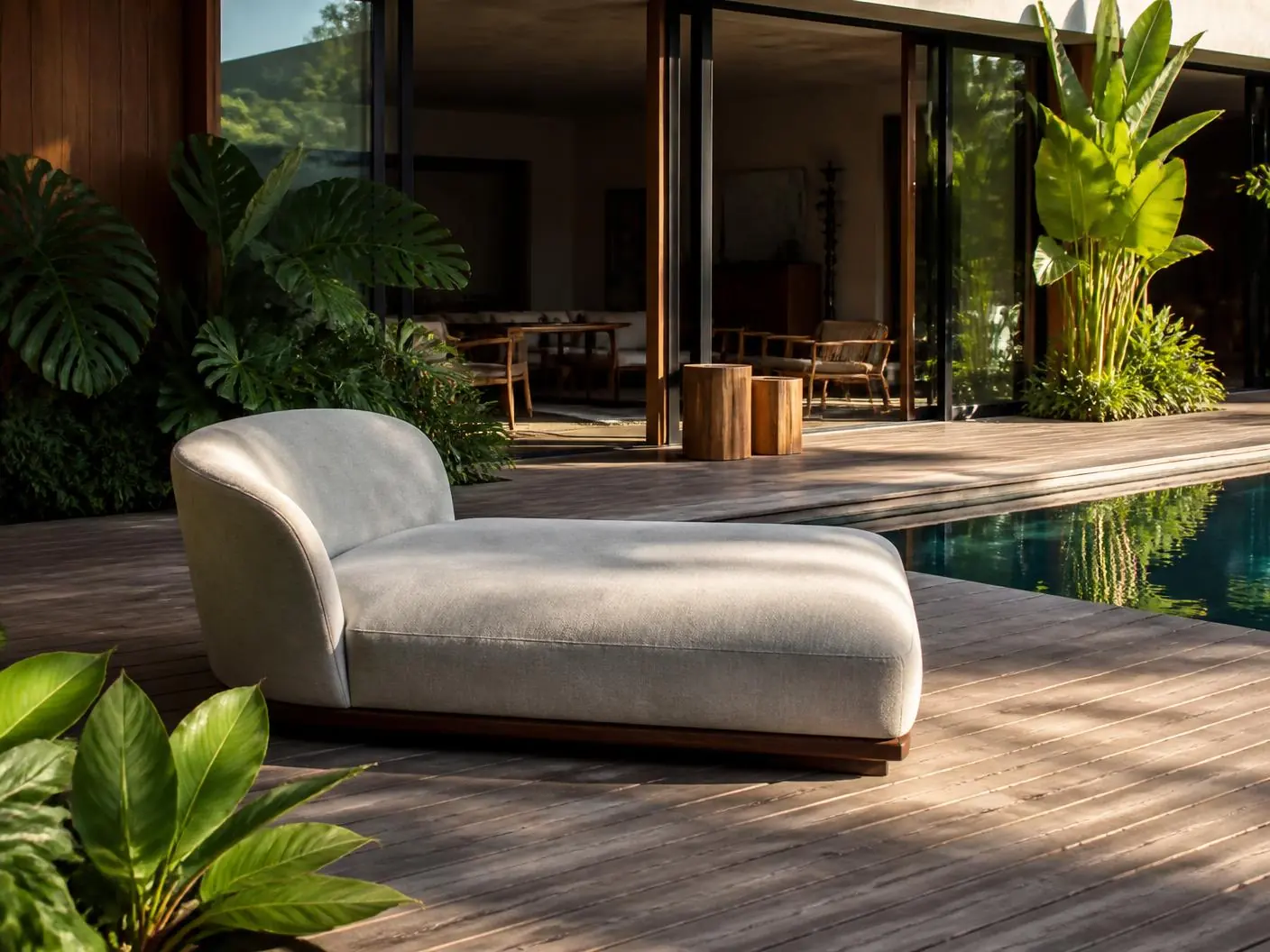 Espreguiçadeira estofada em deck de madeira à beira da piscina