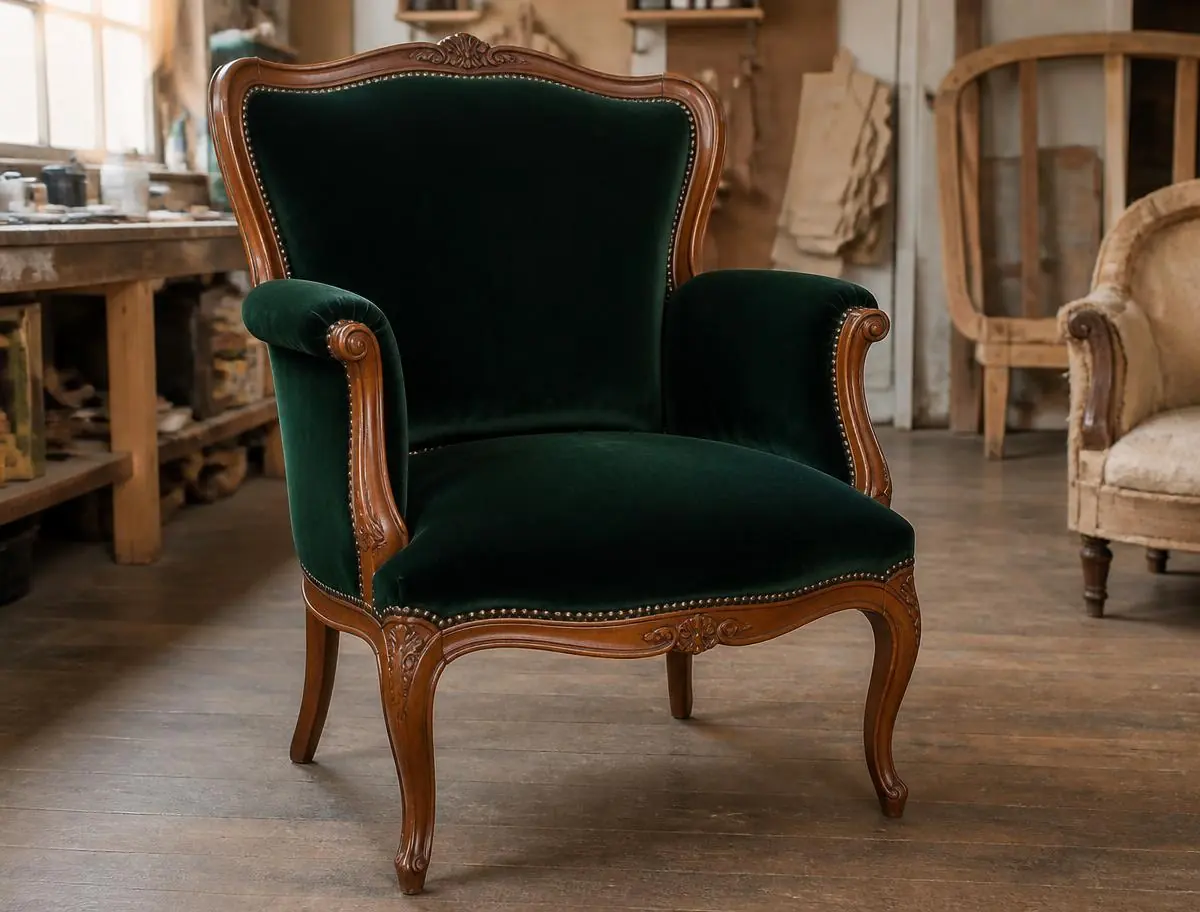 A mesma poltrona reformada com novo veludo verde e madeira restaurada